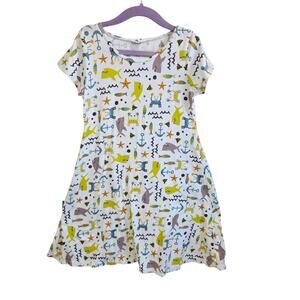 Homemade Shark Print Casual Tee Shirt Dress Girls Size 5 Ocean Crabs Fish Comfy